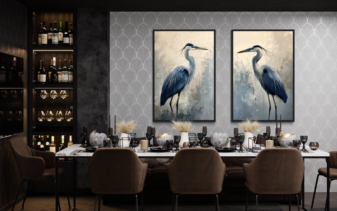 Set of 2 Blue Herons Abstract Coastal Birds Framed Canvas Wall Art