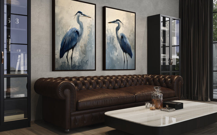 Set of 2 Blue Herons Abstract Coastal Birds Framed Canvas Wall Art