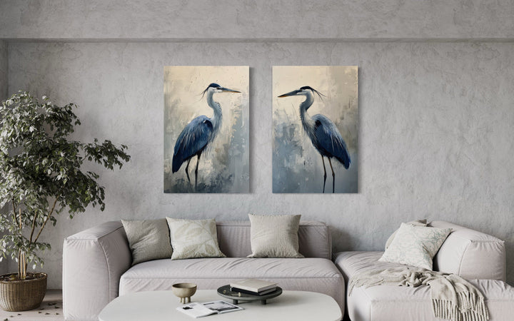 Set of 2 Blue Herons Abstract Coastal Birds Framed Canvas Wall Art