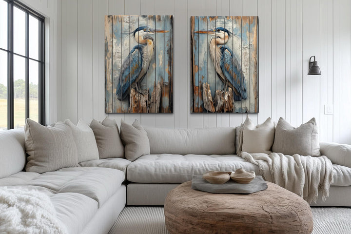 Set of 2 Blue Herons Distressed Wood Wall Art