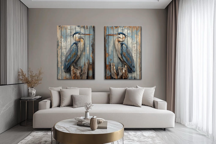 Set of 2 Blue Herons Distressed Wood Wall Art