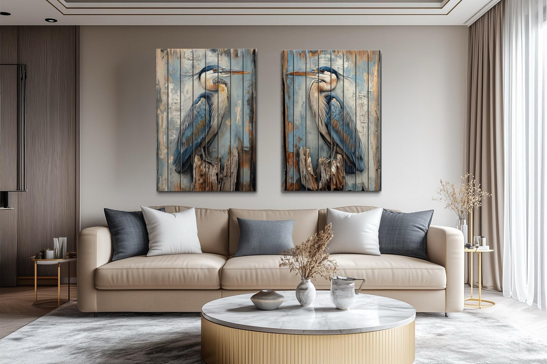 Set of 2 Blue Herons Distressed Wood Wall Art