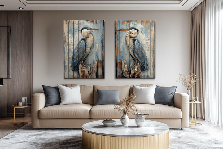 Set of 2 Blue Herons Distressed Wood Wall Art