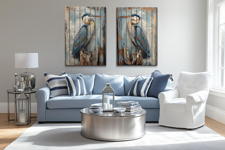 Set of 2 Blue Herons Distressed Wood Wall Art