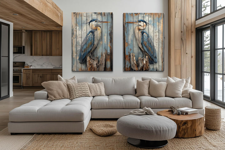 Set of 2 Blue Herons Distressed Wood Wall Art