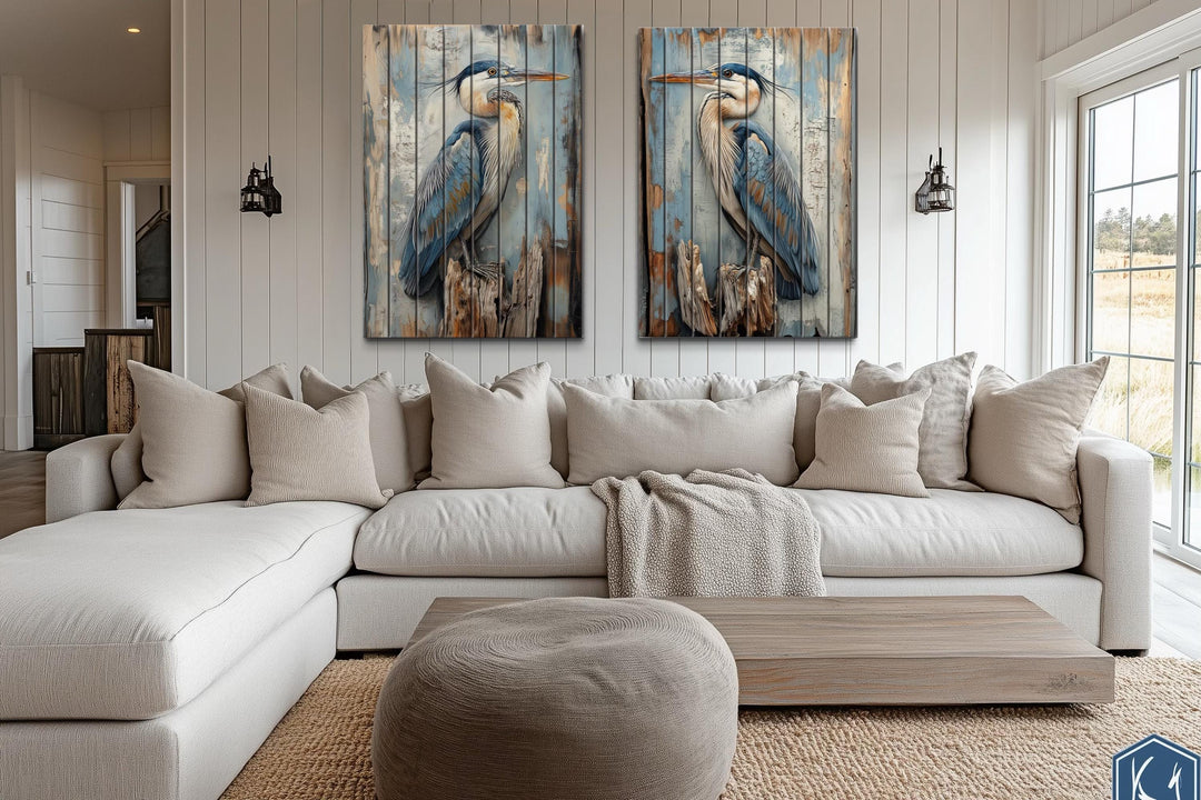 Set of 2 Blue Herons Distressed Wood Wall Art