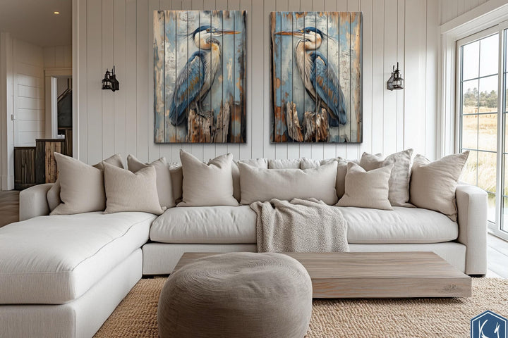 Set of 2 Blue Herons Distressed Wood Wall Art