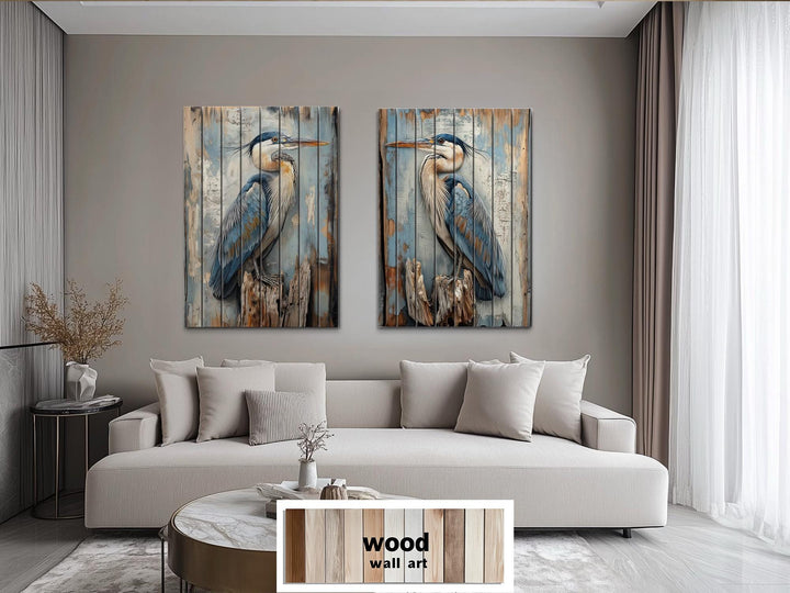 Set of 2 Blue Herons Distressed Wood Wall Art