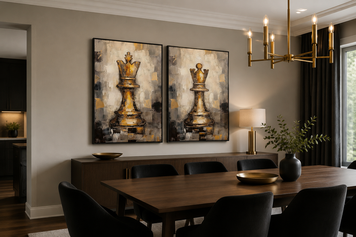 Set of 2 framed canvas wall art featuring gold chess king and queen pieces in a dining room.