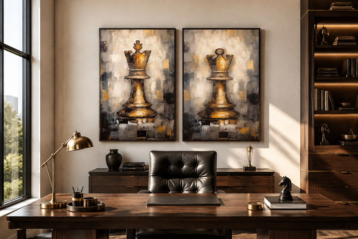 Set of 2 framed canvas wall art featuring golden chess king and queen pieces in a modern office.