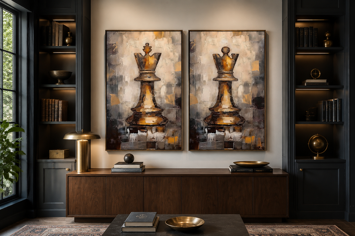 Set of 2 framed canvas wall art featuring gold king and queen chess pieces in a modern room.