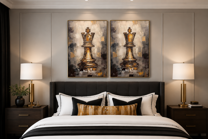 Set of 2 framed canvas wall art featuring golden chess king and queen pieces above a bedroom bed.