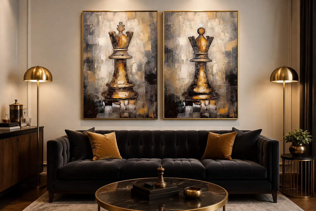 Set of 2 framed canvas wall art featuring gold and black chess king and queen paintings over a sofa.