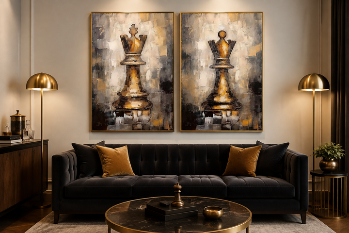 Set of 2 framed canvas wall art featuring gold and black chess king and queen paintings over a sofa.