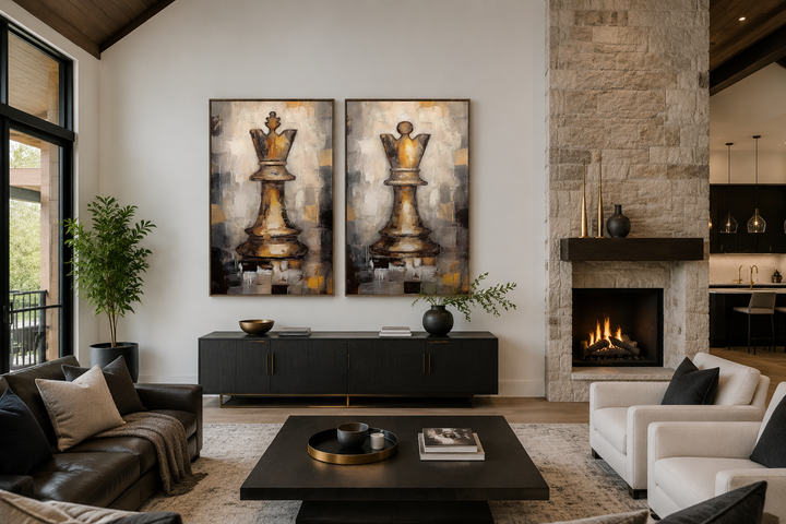 Set of 2 framed canvas wall art featuring a gold and black chess king and queen in a living room.