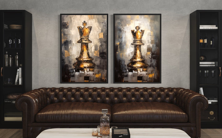Set of 2 framed canvas wall art featuring golden chess king and queen pieces over a brown sofa.