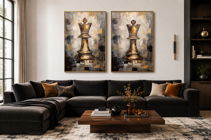 Set of two framed canvas wall art pieces featuring golden chess king and queen on abstract backgrounds.
