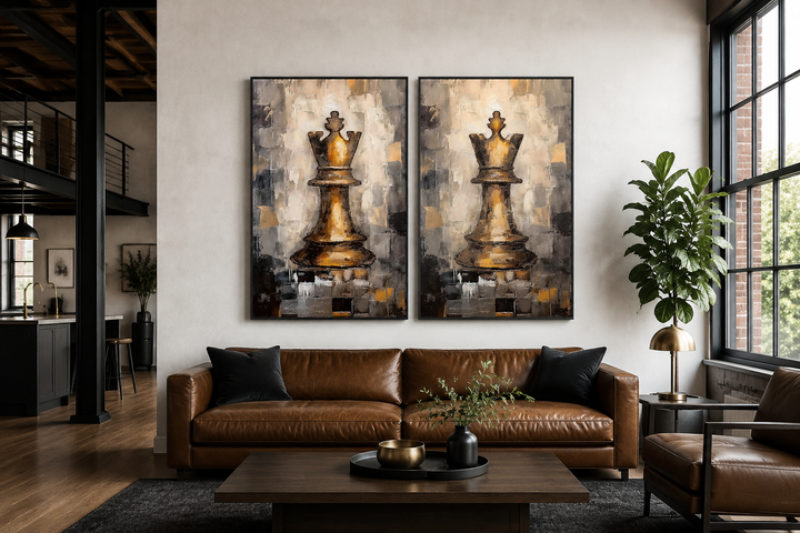 Set of 2 framed canvas wall art featuring golden chess king and queen pieces above a brown sofa.