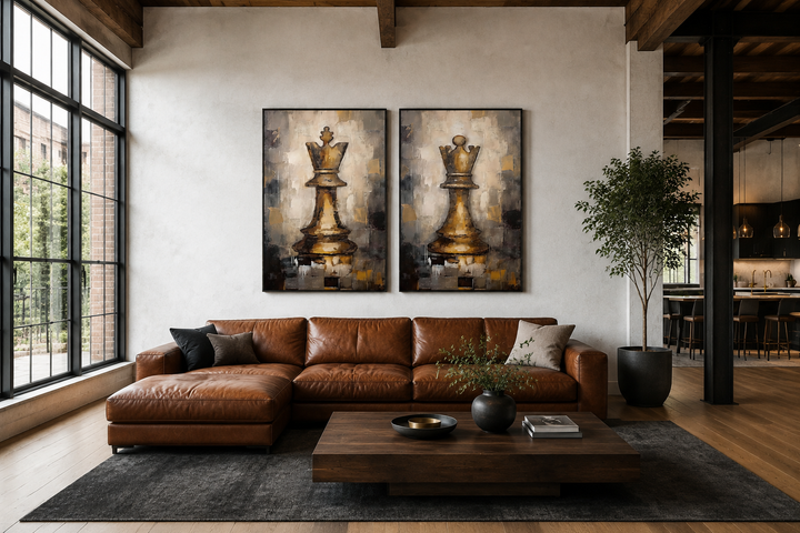 Set of 2 framed canvas wall art featuring gold-toned chess king and queen pieces above a sofa.