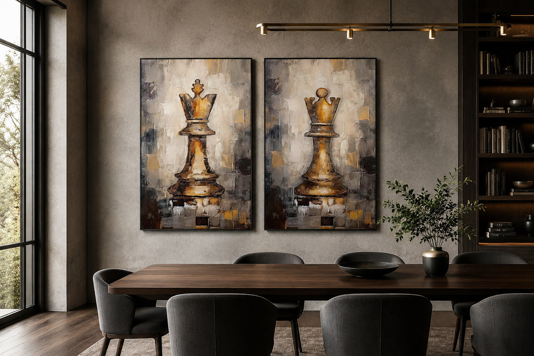 Set of 2 framed canvas wall art featuring golden chess king and queen pieces in a dining room.