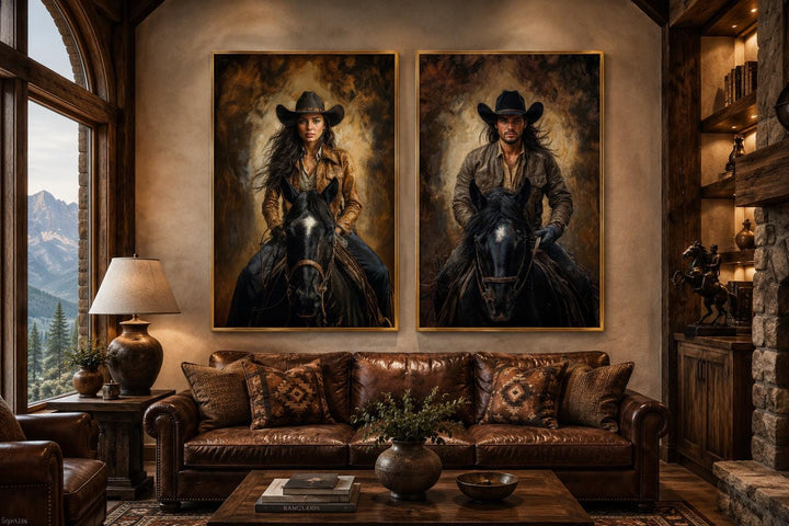 Set of 2 sepia cowboy and cowgirl portraits on black horses, displayed above a leather sofa.