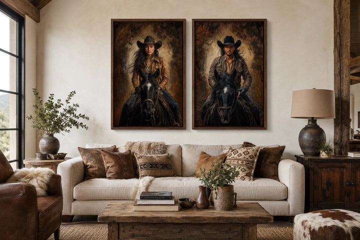 Set of 2 cowboy and cowgirl portraits on black horses in warm sepia tones, western wall art.