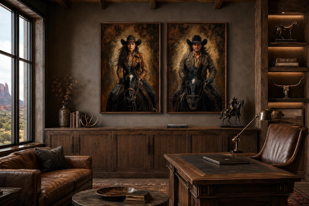 Set of 2 cowboy and cowgirl portraits on black horses in sepia tones hung in a rustic office.