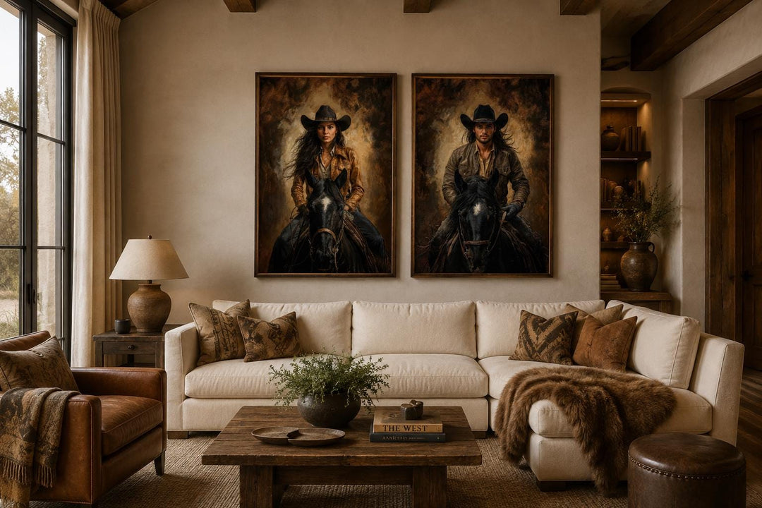 Set of 2 cowboy and cowgirl portraits on black horses in warm sepia tones, western wall art.