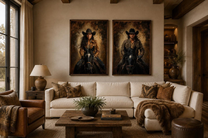 Set of 2 cowboy and cowgirl portraits on black horses in warm sepia tones, western wall art.