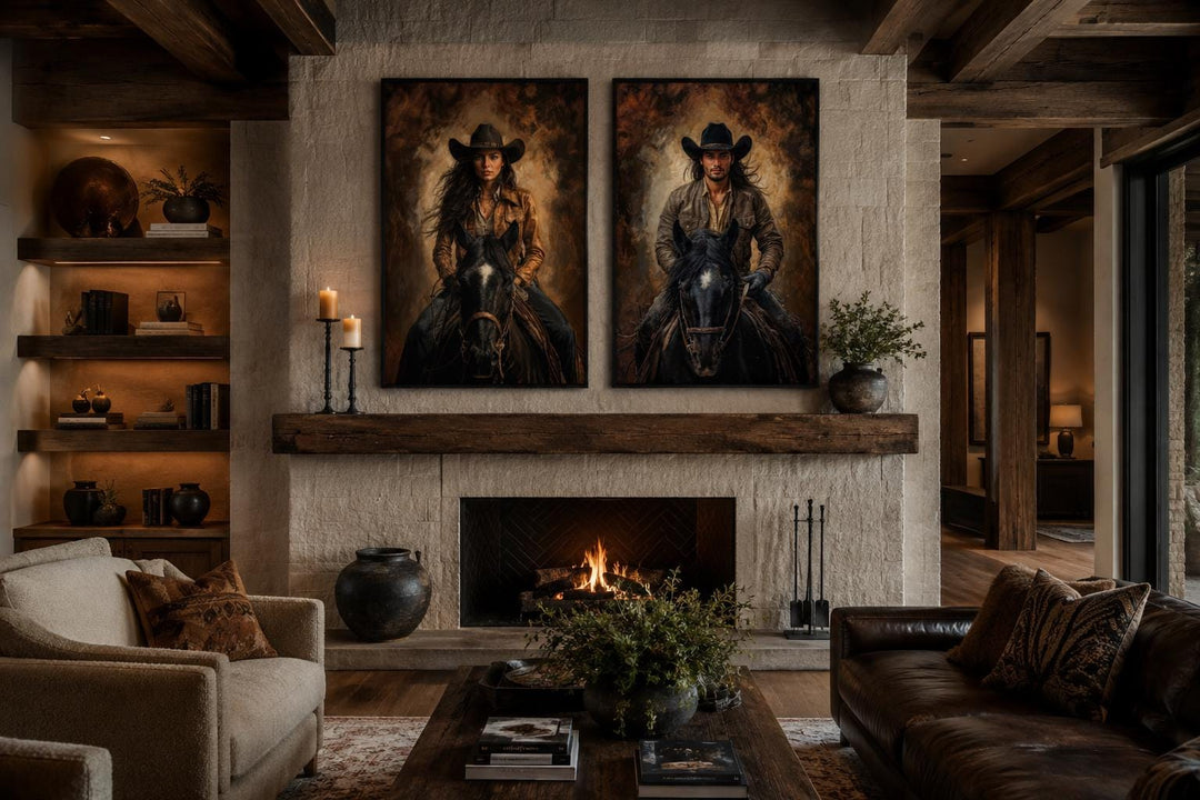 Set of 2 cowboy and cowgirl portraits on black horses in sepia tones above a rustic fireplace.