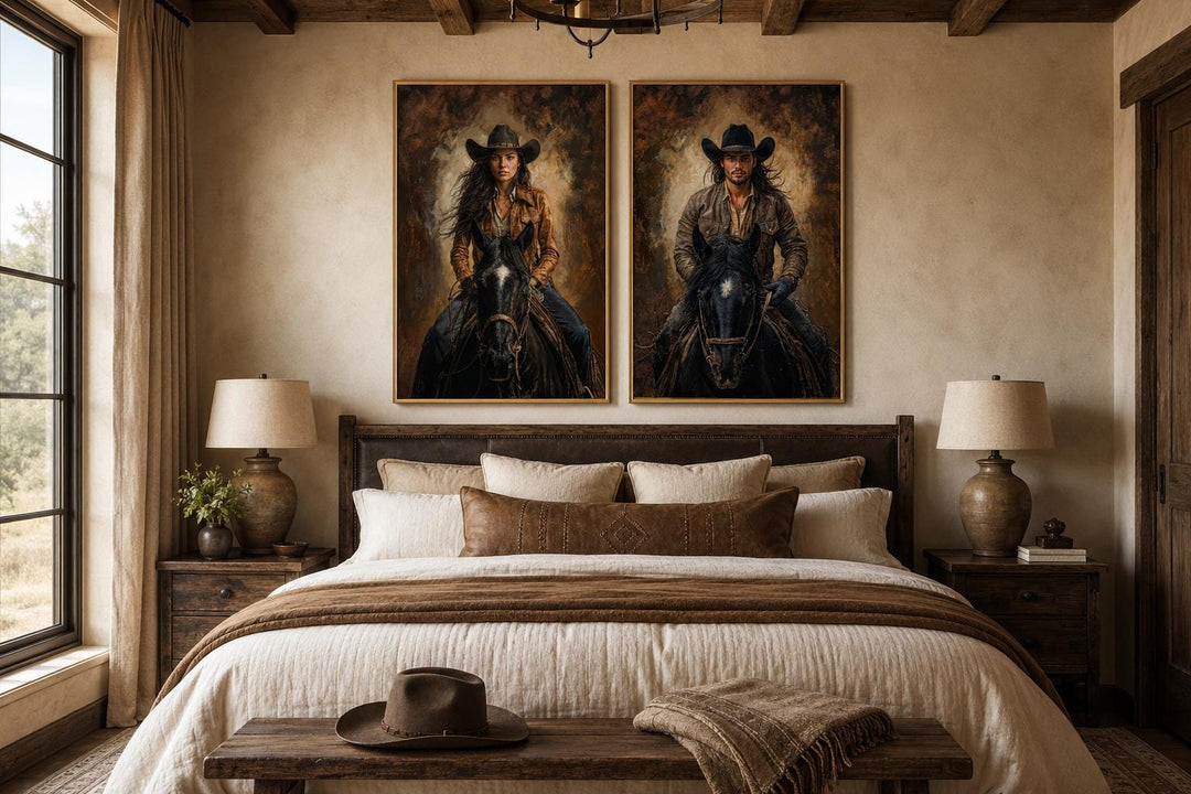 Set of 2 cowboy and cowgirl portraits on black horses in warm sepia tones above a rustic bed.