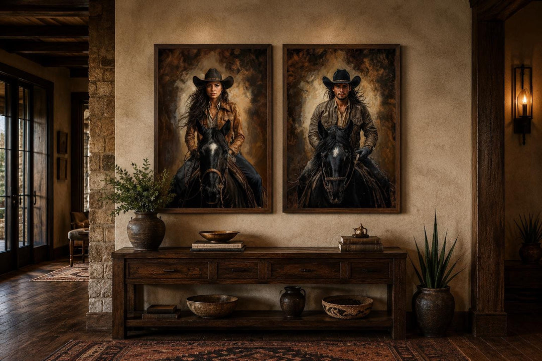 Set of 2 cowboy and cowgirl portraits on black horses in warm sepia tones, western wall art.