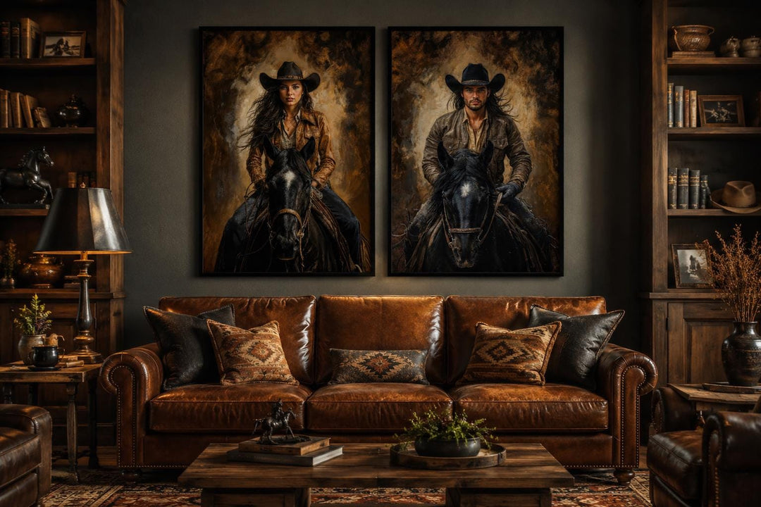 Set of 2 cowboy and cowgirl portraits on black horses in warm sepia tones, western wall art.