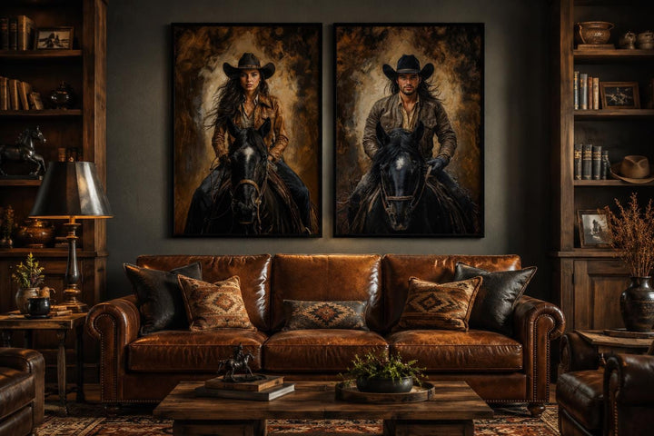 Set of 2 cowboy and cowgirl portraits on black horses in warm sepia tones, western wall art.