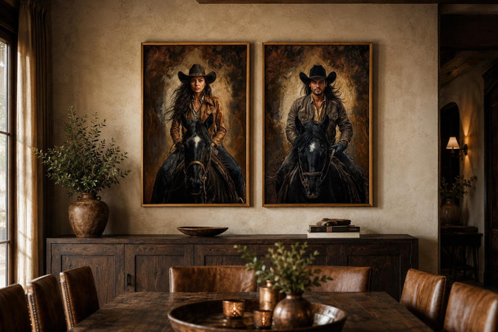 Set of 2 cowboy and cowgirl portraits on black horses in warm sepia tones, western wall art.