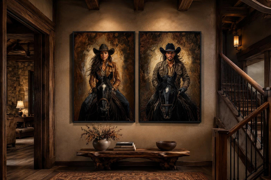 Set of 2 cowboy and cowgirl portraits on black horses in warm sepia tones, western wall art.
