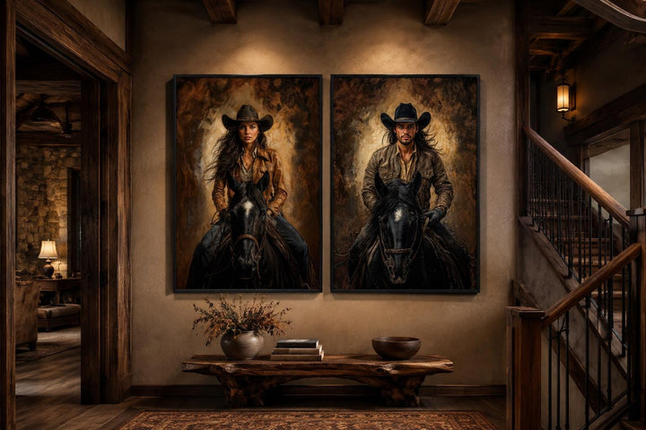 Set of 2 cowboy and cowgirl portraits on black horses in warm sepia tones, western wall art.