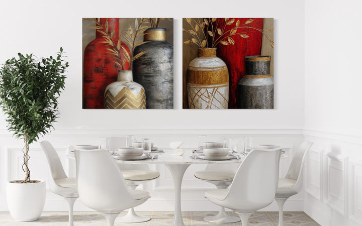 Set of 2 Dining Room Wall Art - Red Gold Silver Vases Canvas Prints