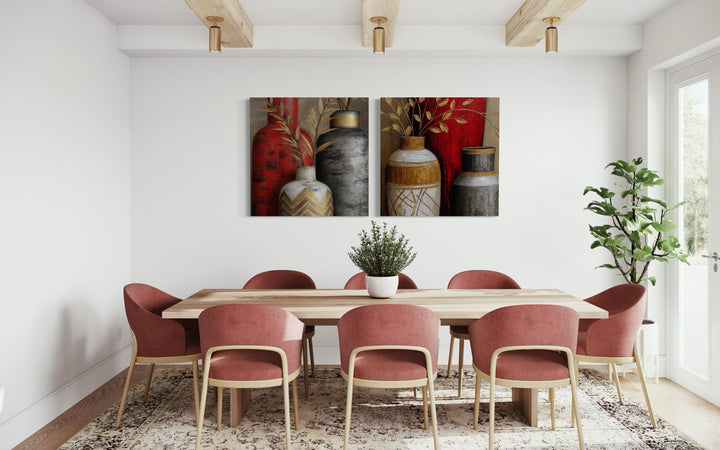 Set of 2 Dining Room Wall Art - Red Gold Silver Vases Canvas Prints