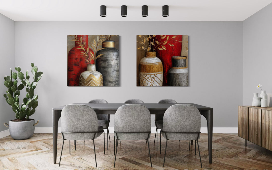 Set of 2 Dining Room Wall Art - Red Gold Silver Vases Canvas Prints