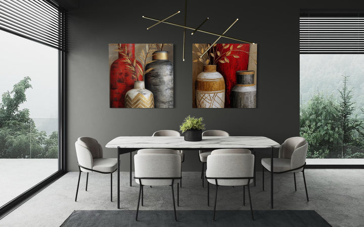 Set of 2 Dining Room Wall Art - Red Gold Silver Vases Canvas Prints