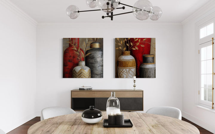 Set of 2 Dining Room Wall Art - Red Gold Silver Vases Canvas Prints
