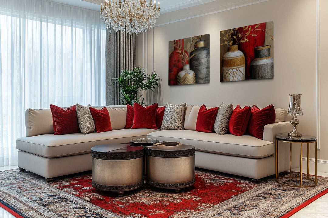 Set of 2 Dining Room Wall Art - Red Gold Silver Vases Canvas Prints