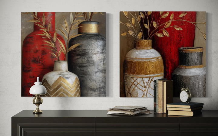 Set of 2 Dining Room Wall Art - Red Gold Silver Vases Canvas Prints