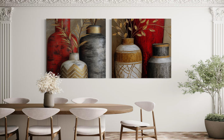 Set of 2 Dining Room Wall Art - Red Gold Silver Vases Canvas Prints