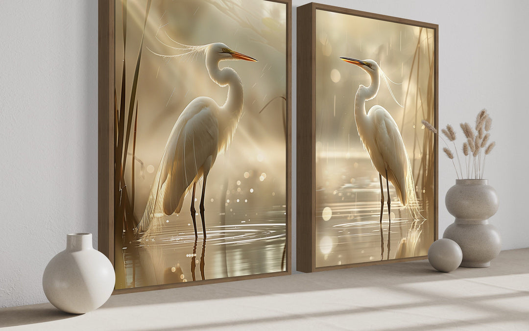 Set of 2 Great Egrets Coastal Birds Framed Canvas Wall Art