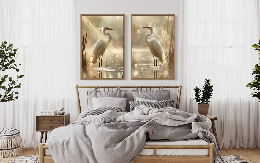 Set of 2 Great Egrets Coastal Birds Framed Canvas Wall Art