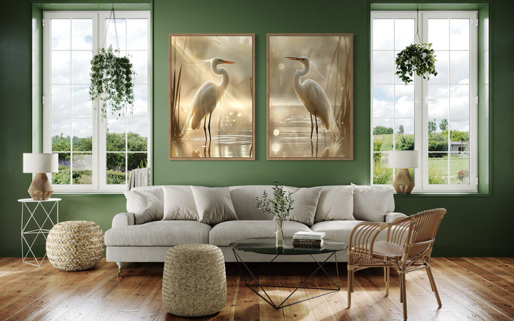 Set of 2 Great Egrets Coastal Birds Framed Canvas Wall Art