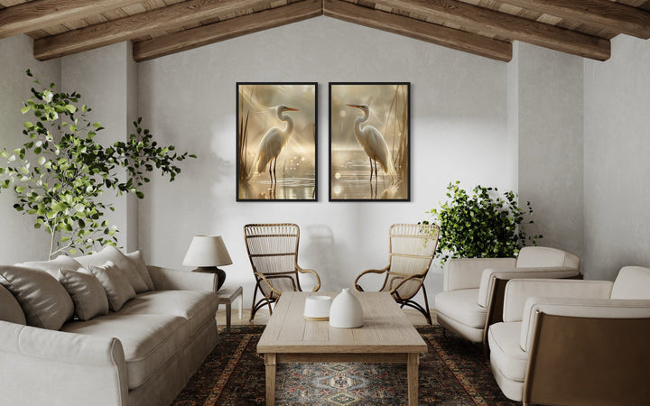 Set of 2 Great Egrets Coastal Birds Framed Canvas Wall Art