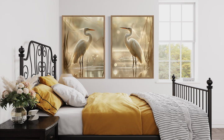 Set of 2 Great Egrets Coastal Birds Framed Canvas Wall Art